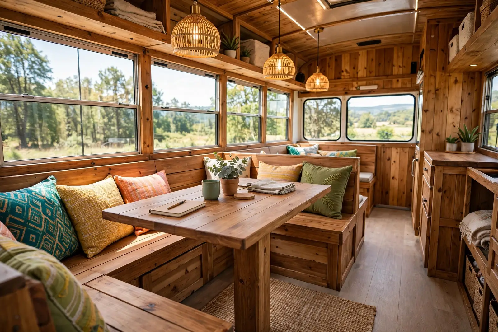 Convertible dining booth workspace in a skoolie bus conversion