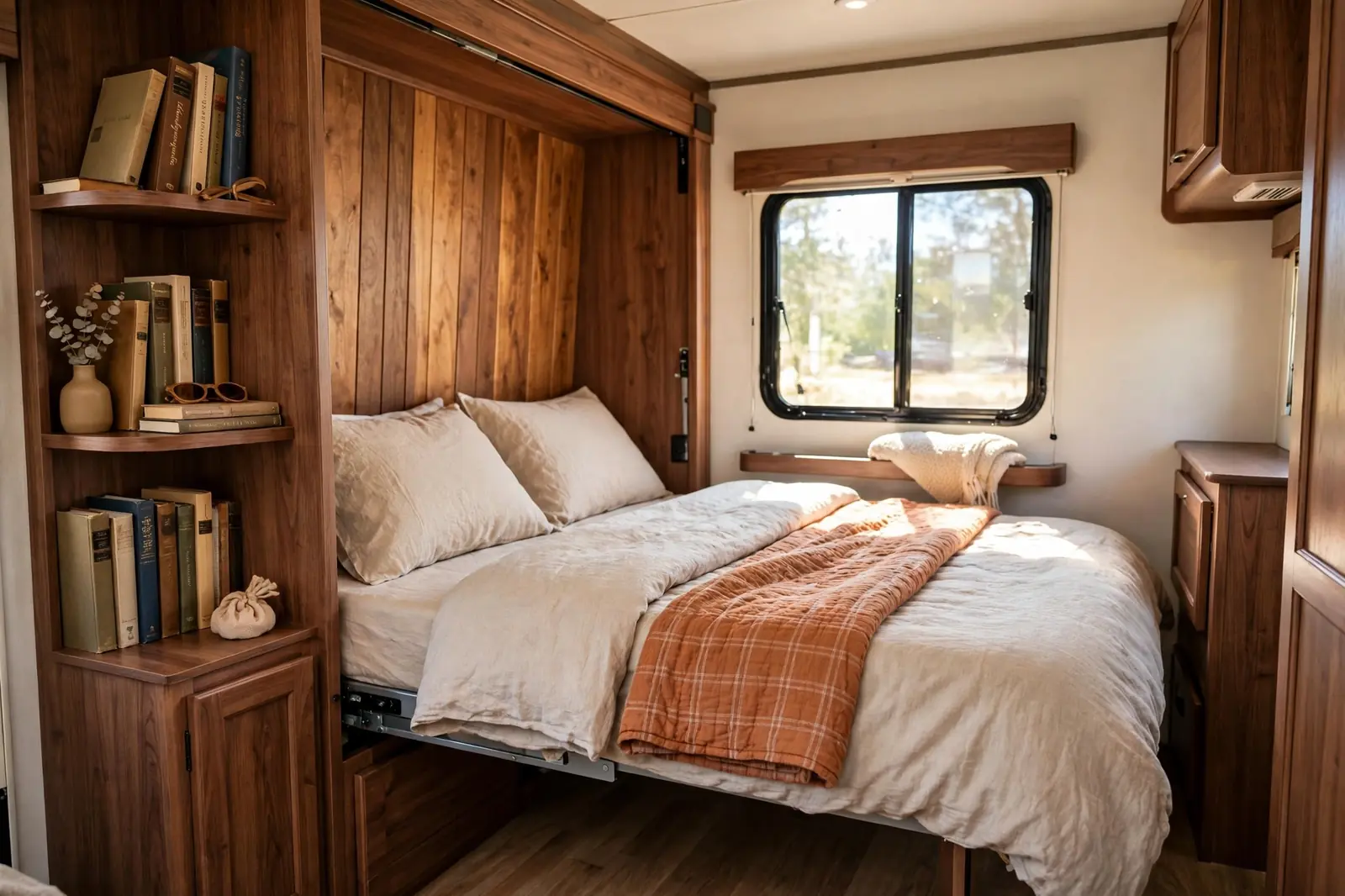 Photorealistic RV bedroom with a fold-down murphy queen bed lowered in front of a wood-paneled wall cabinet
