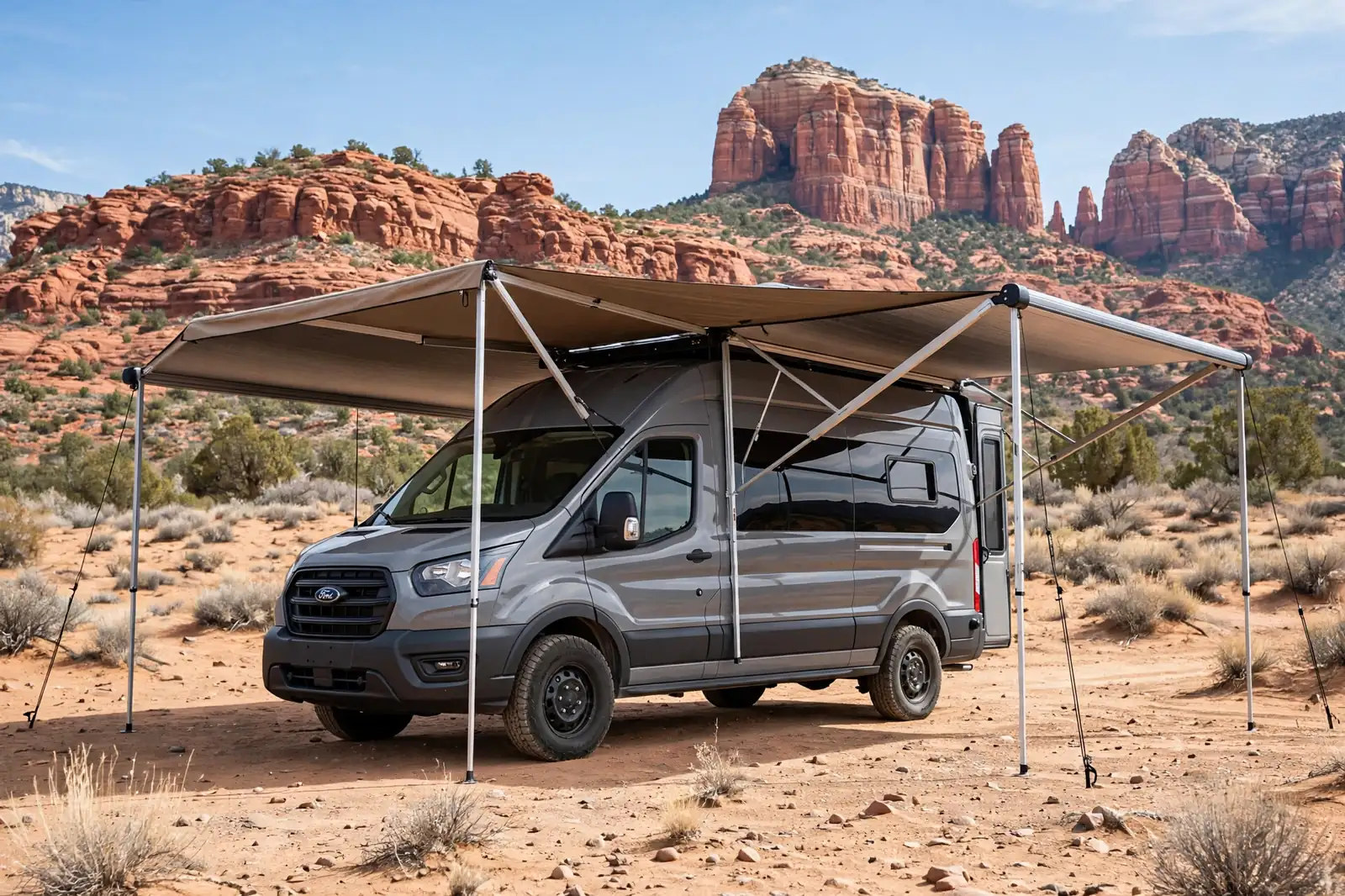 Ford Transit high-roof van with a deployed 270-degree wraparound batwing awning in the desert