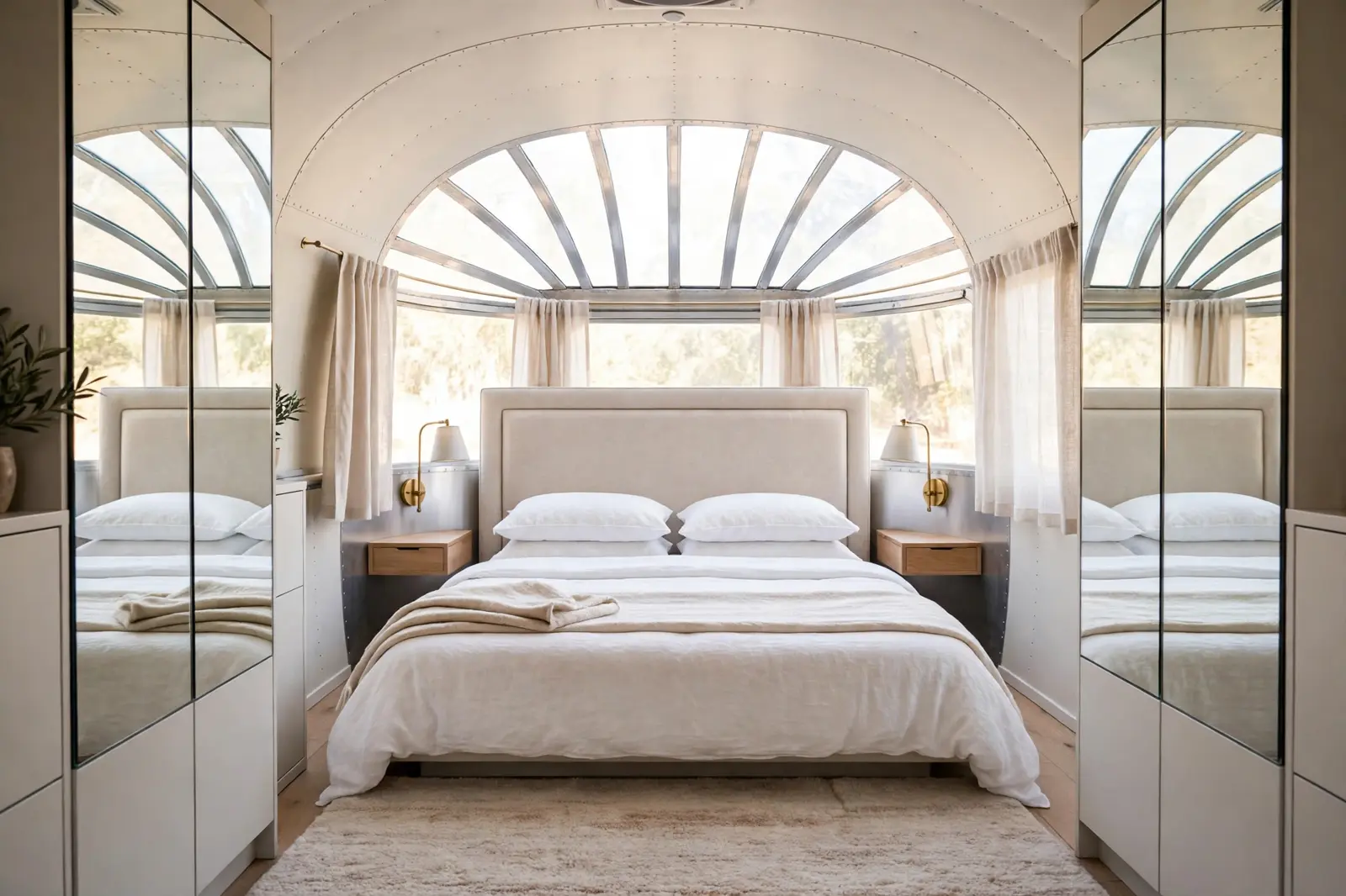 Renovated vintage Airstream rear bedroom suite with queen bed, upholstered headboard, brass sconces, and mirrored wardrobes