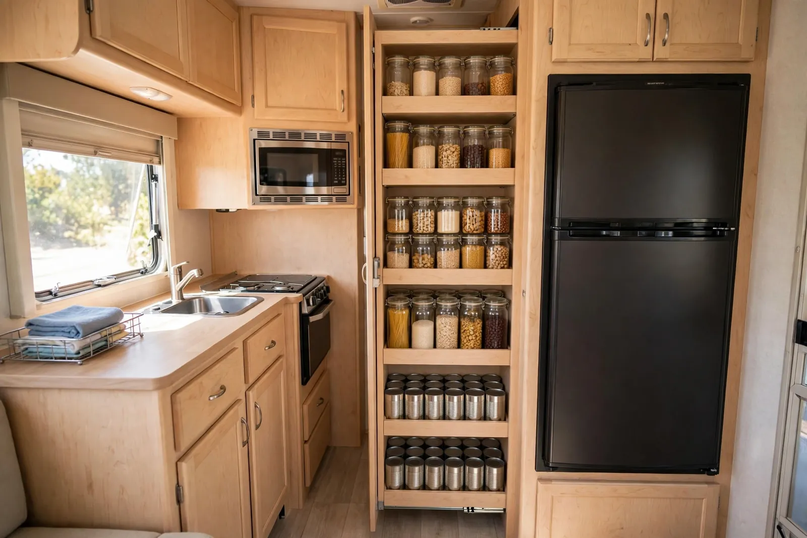 RV galley kitchen with a tall pull-out pantry tower slid open beside the fridge
