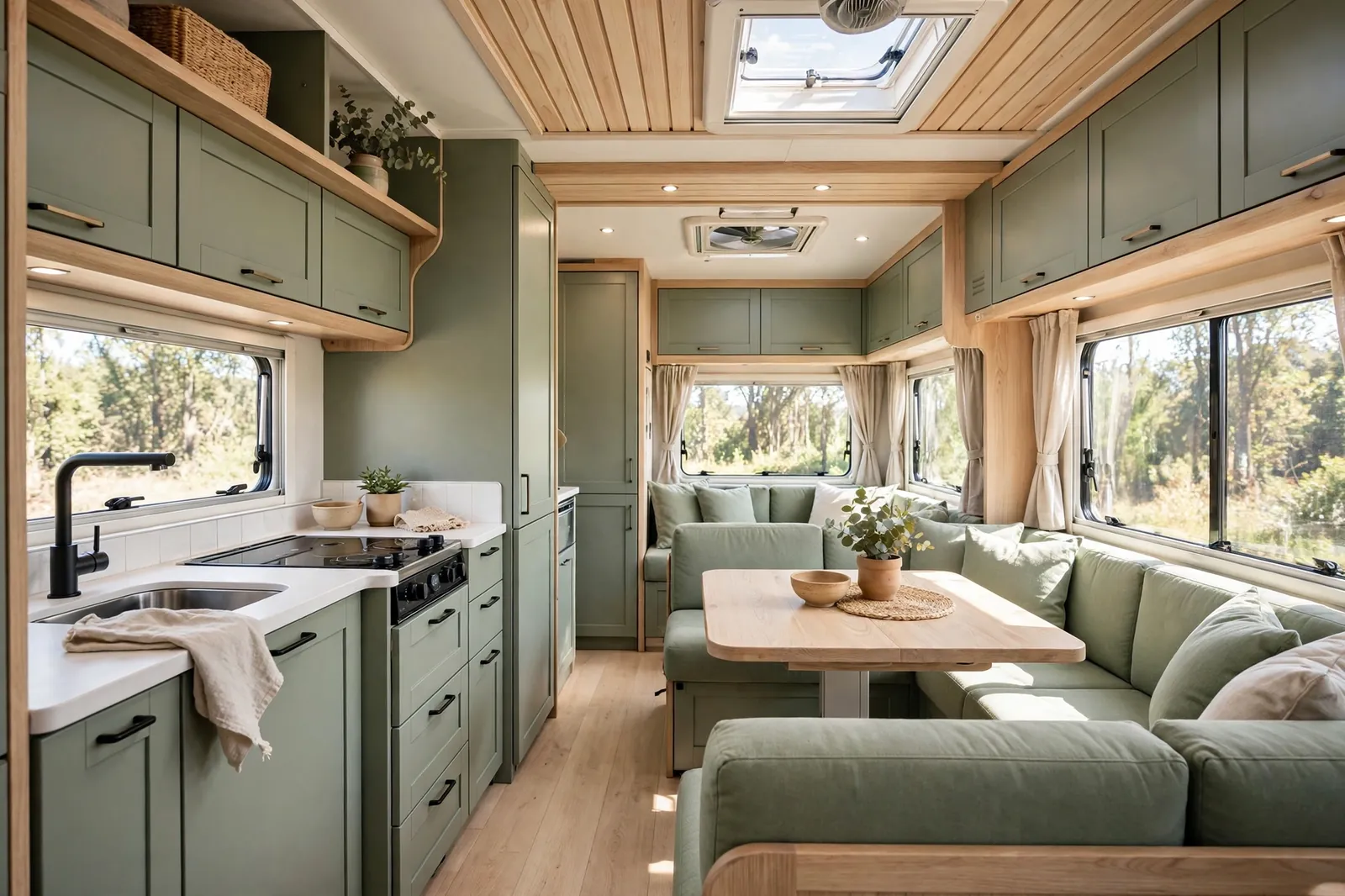 Sage green motorhome interior with natural oak wood