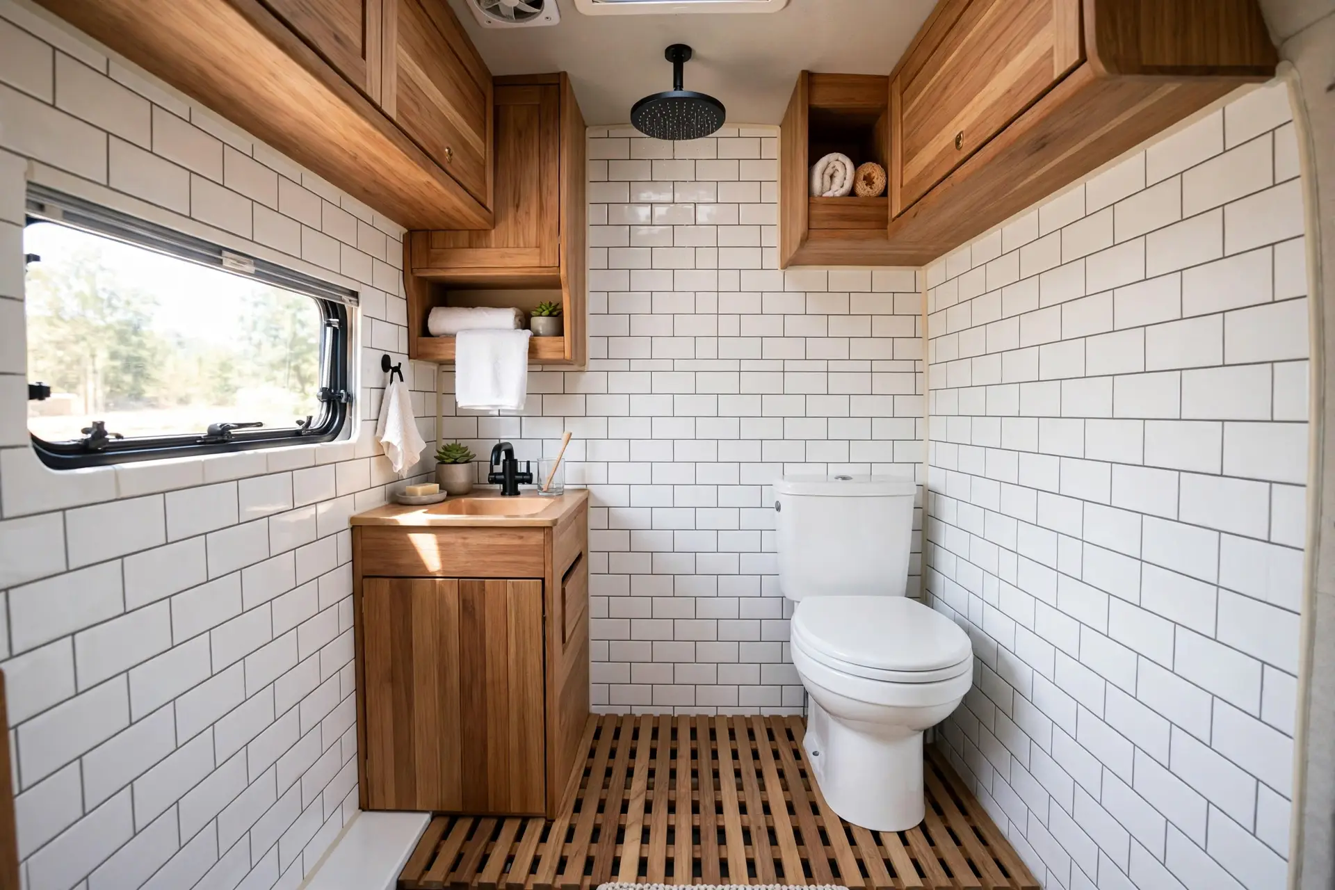 Camper van wet bath with white subway tile walls, teak shower floor grate, rainfall shower, toilet and sink