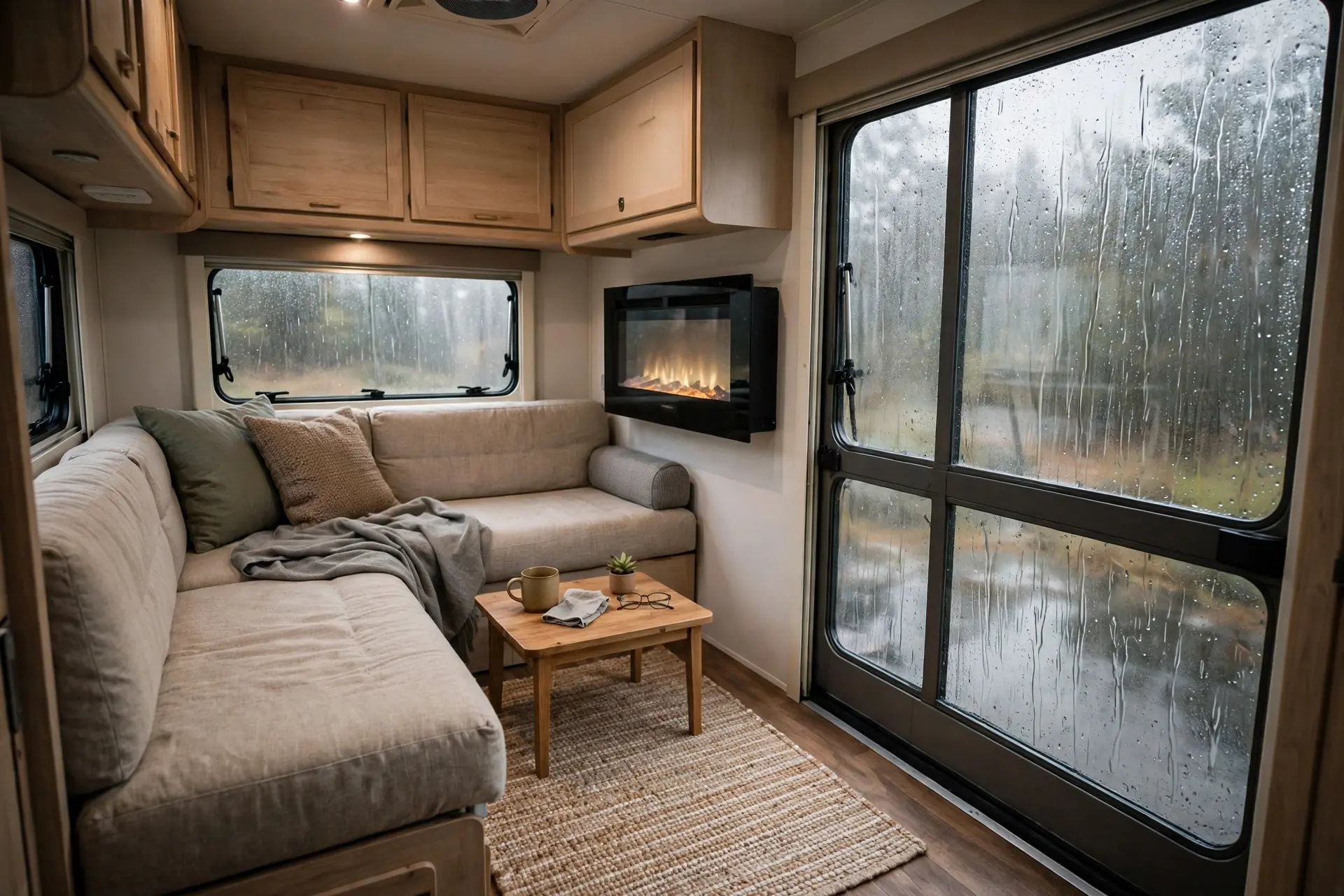 Compact RV living room with an L-shaped sofa, wall-mounted electric fireplace and rain-streaked window