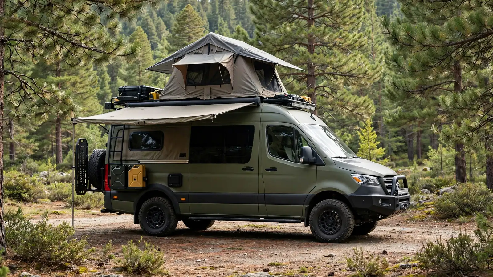 Rugged camper van with roof tent and awning in a pine forest clearing