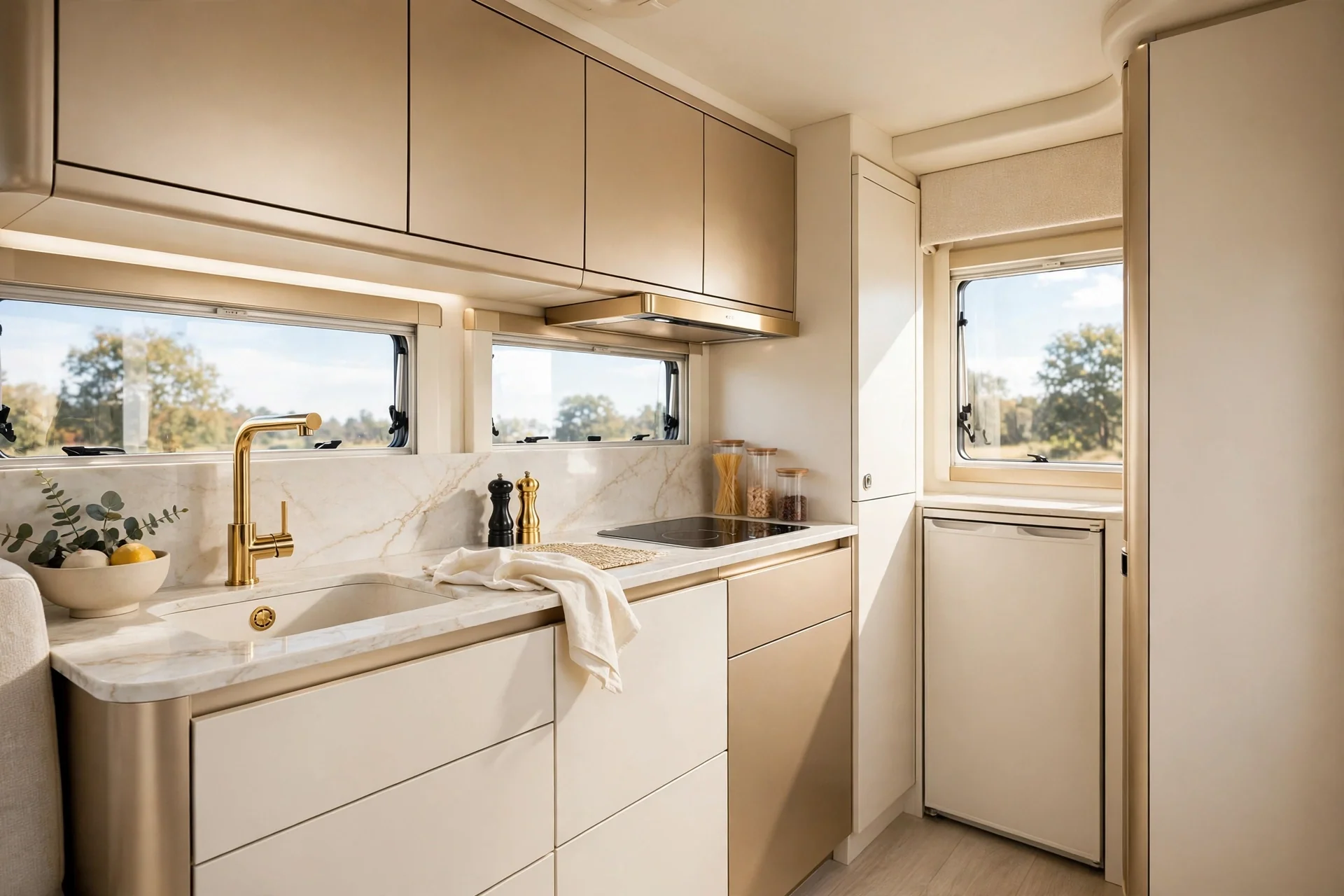 Luxury motorhome galley kitchen with champagne gold fixtures and cream cabinets