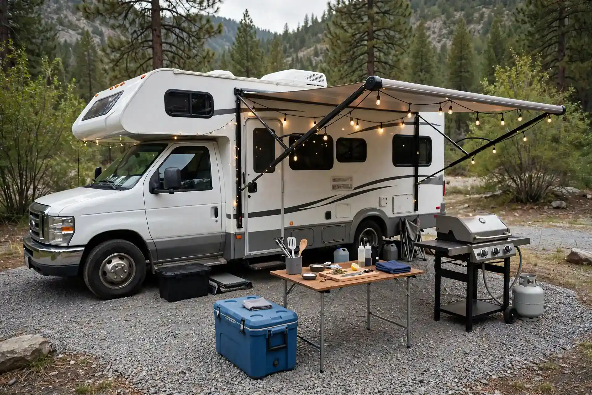 Motorhome awning grill station with grill, prep table and cooler at a campsite