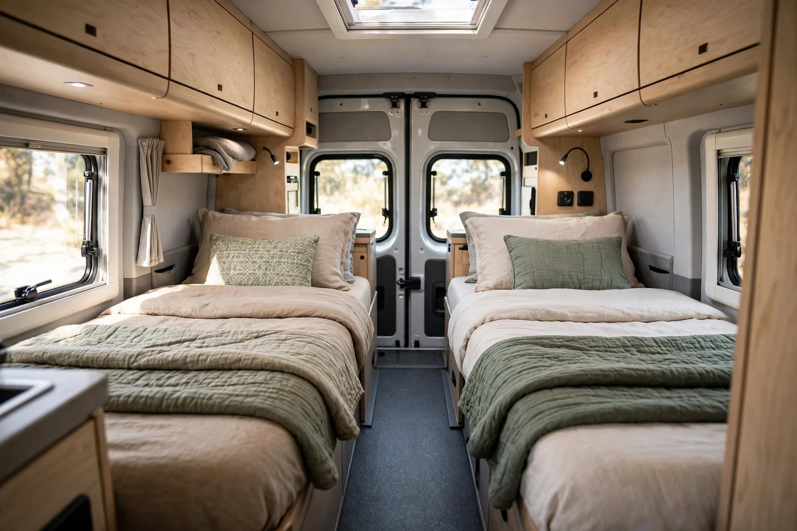 Two fixed longitudinal single beds running along each side of the rear of a camper van, separated by a centre aisle, made up with beige and sage-green bedding, with overhead light-wood cabinets and rear doors visible