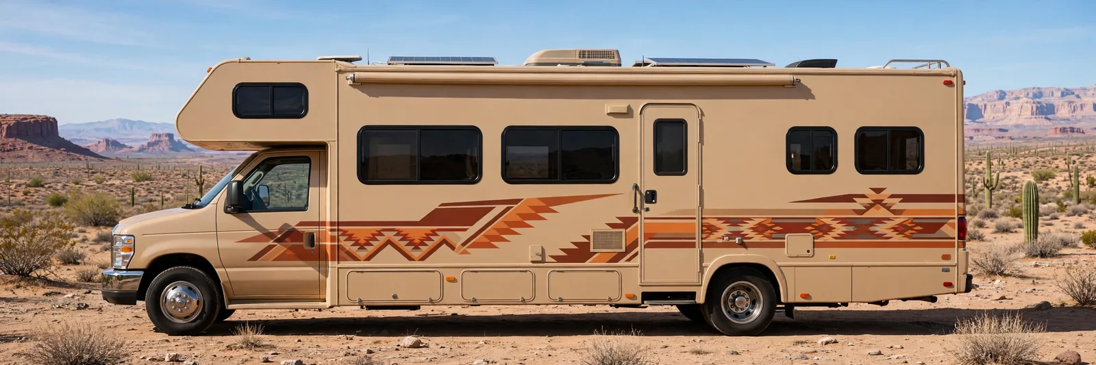 Desert sand and terracotta Southwest motorhome exterior, full side view