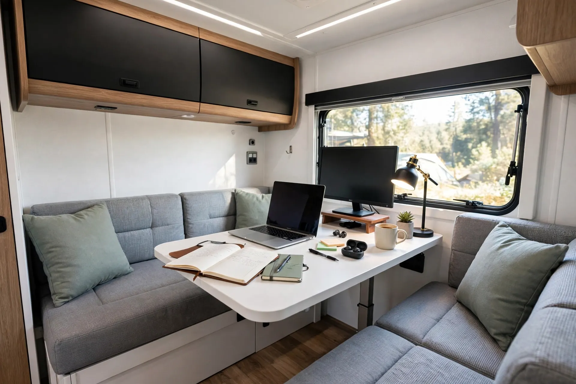 An RV dinette converted into an office with a white table holding a laptop, second monitor, desk lamp, notebooks and a mug between grey cushioned bench seats under dark overhead cabinets