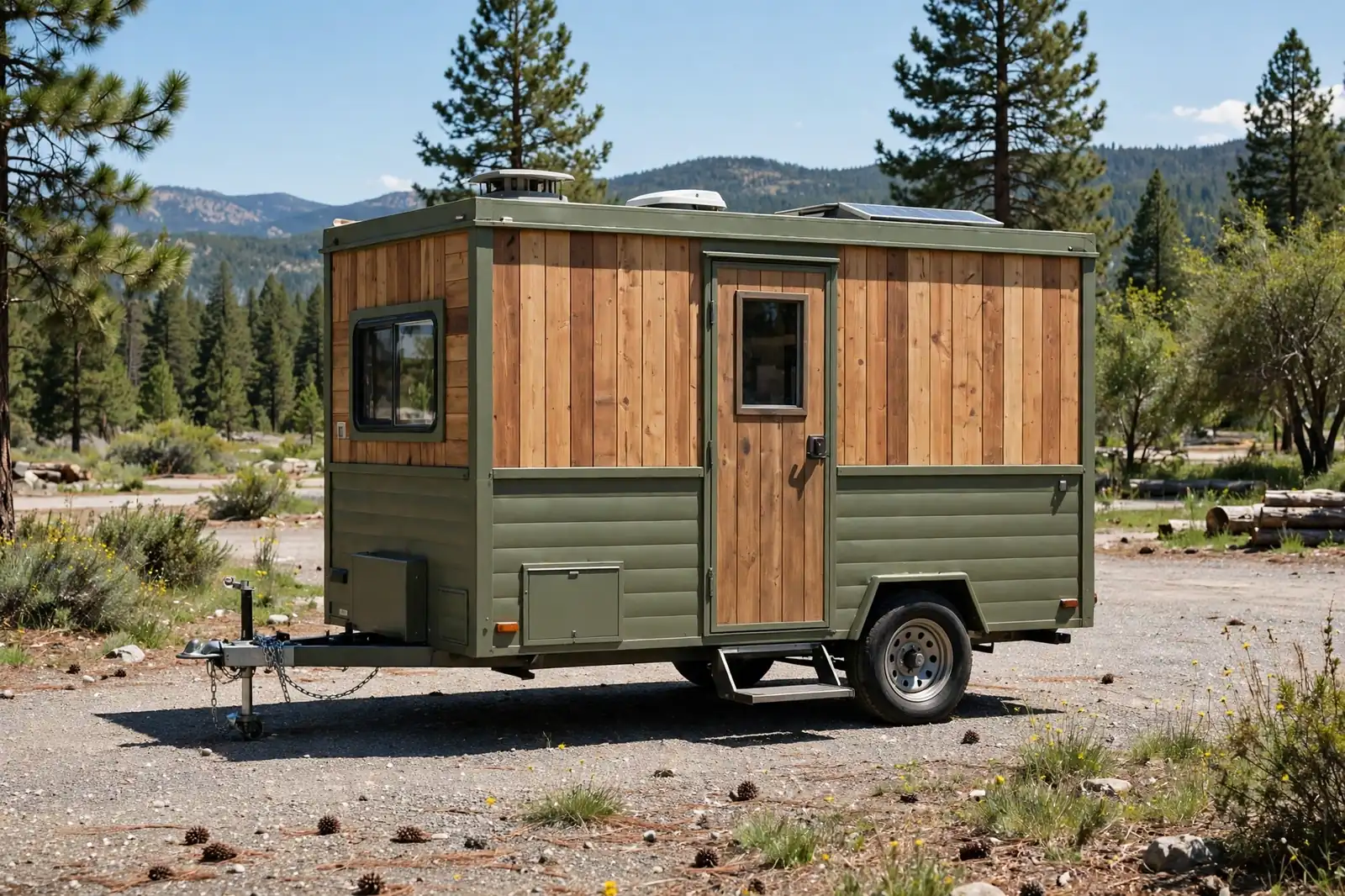 A tiny wood-clad boxy cabin trailer with tall headroom parked in a sunny mountain campground