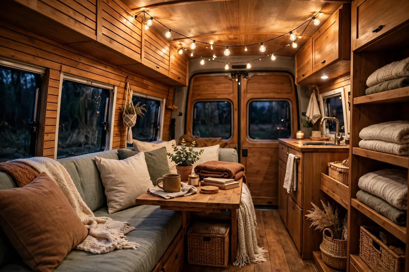 Cozy camper van living area at evening with warm festoon string lights draped across the ceiling over a small sofa and wooden table
