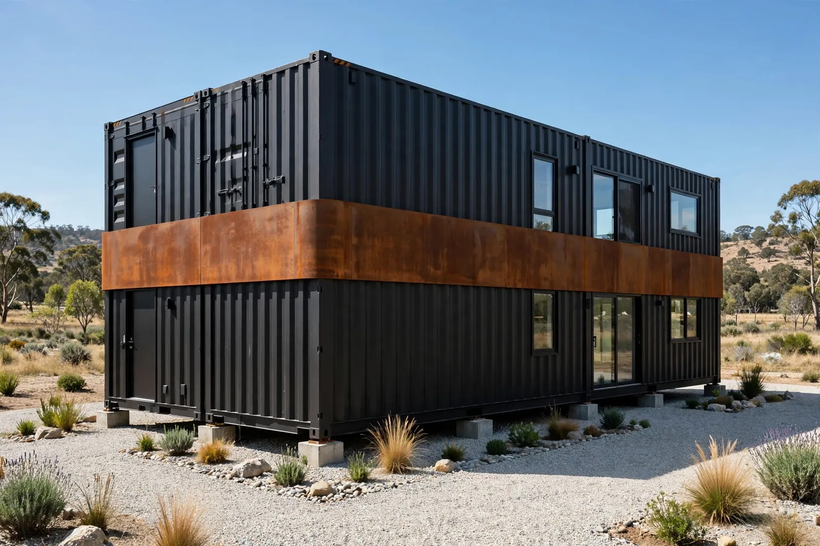 Black container home with a horizontal band of rusty-orange corten steel wrapping the middle