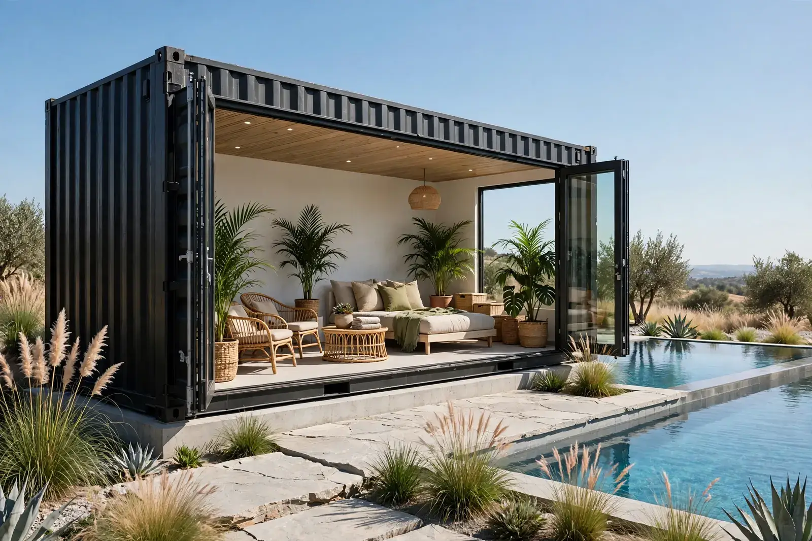 A 40ft container with a full glass wall opened onto a stone patio by an infinity pool