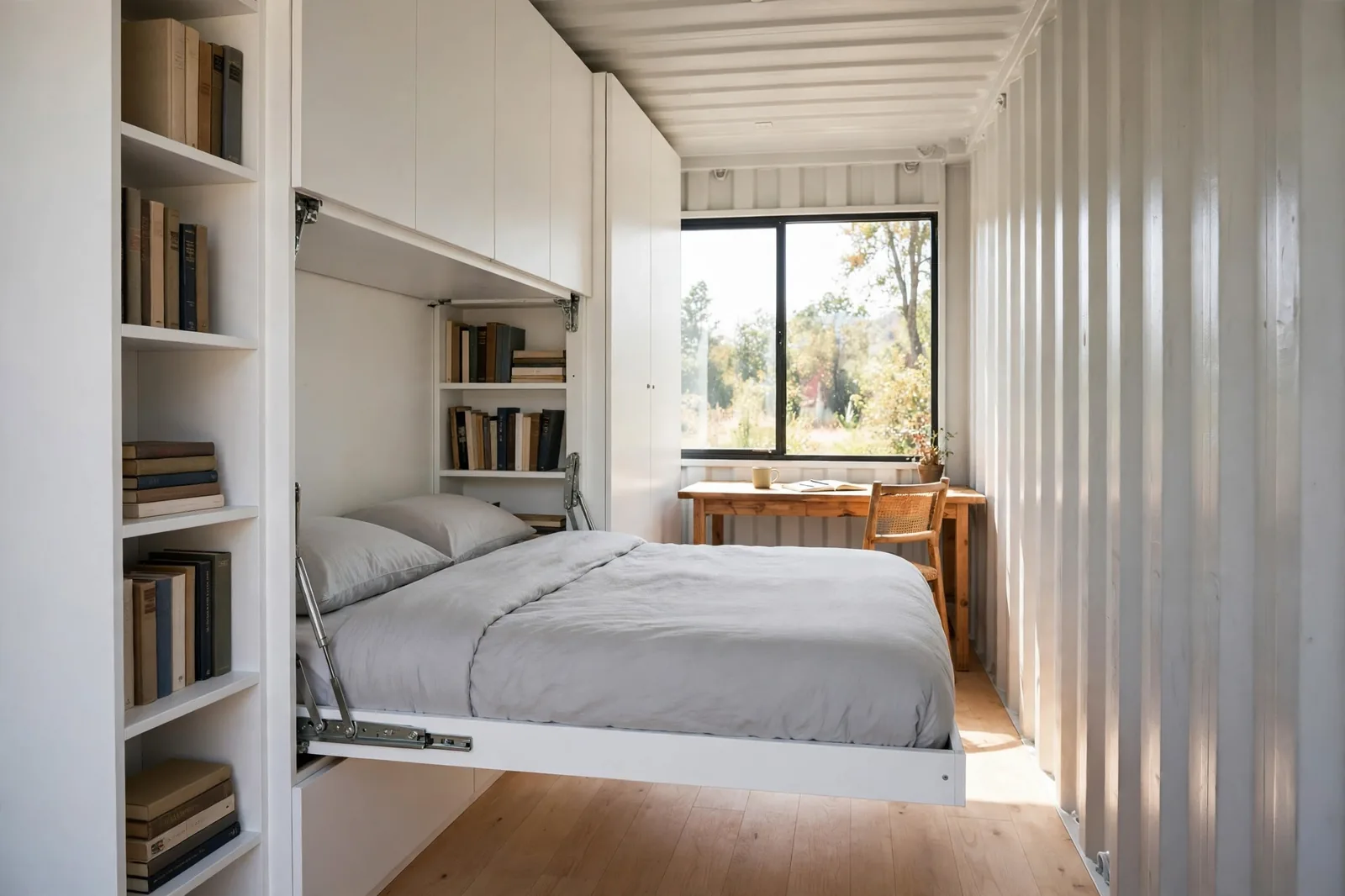 Narrow container studio with a queen murphy bed folded down from a white wall cabinet, bookshelves and desk by the window