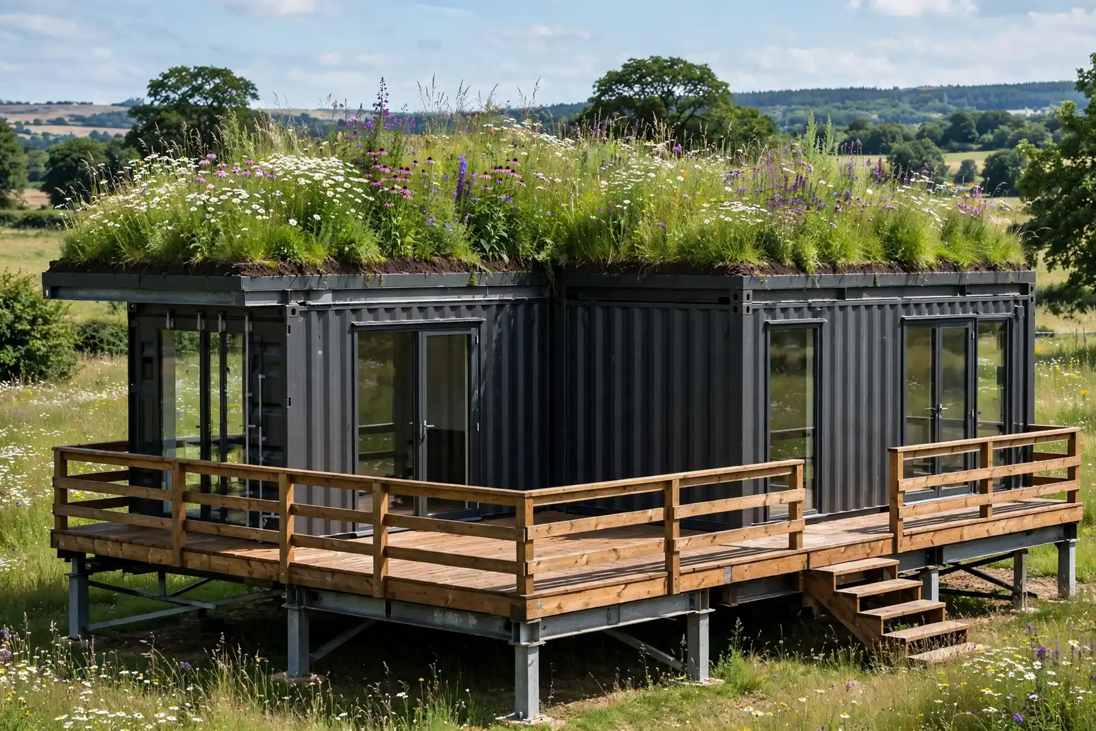 Two joined dark shipping containers with a blooming wildflower meadow green roof and a wraparound wooden deck on steel piers