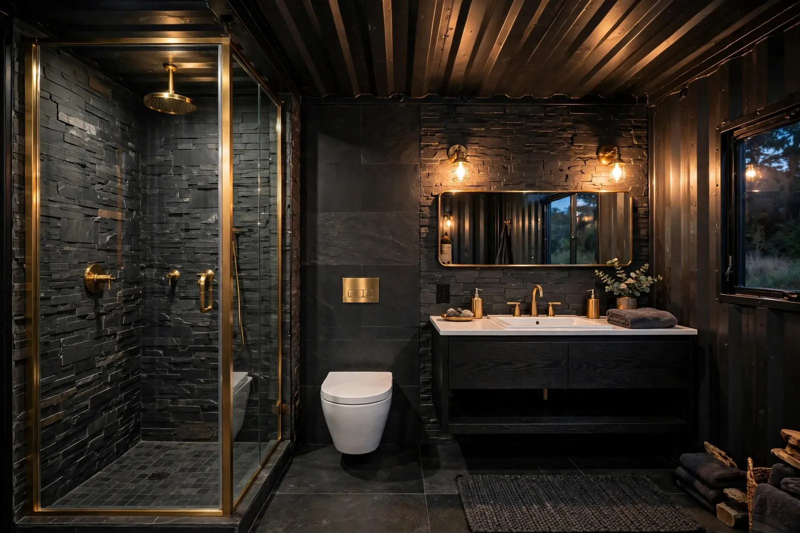 Complete container home bathroom with charcoal slate tile walls, brass rainfall shower, floating black vanity and wall-hung toilet