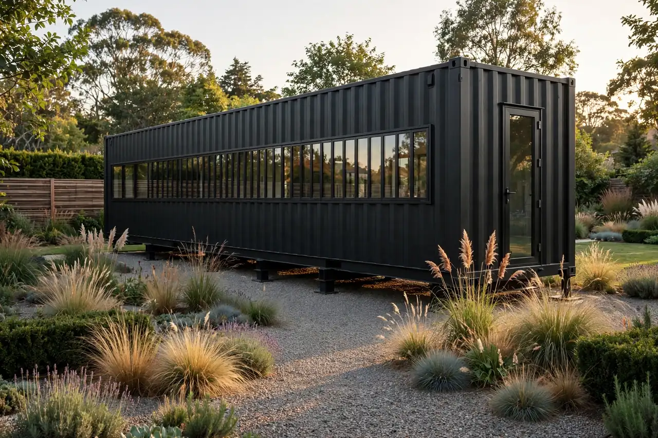 Matte black minimalist shipping container studio with window band in a landscaped garden