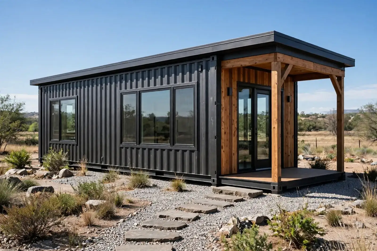Exterior of a single 40-foot container home in dark painted steel with a timber entry porch, bright daytime.