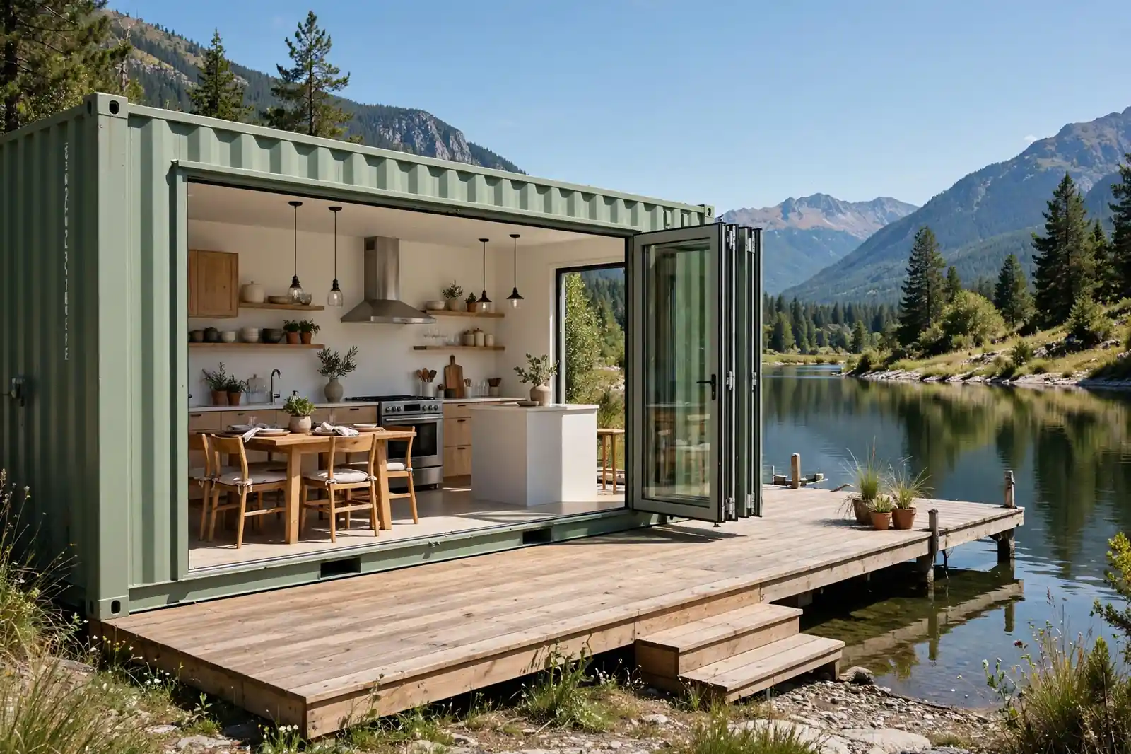 Sage-green shipping container home beside a calm lake with bi-fold glass doors fully folded open to a wide wooden deck facing the water, small dock beyond, open-plan kitchen and dining area visible through the open wall, mountains across the lake in bright midday light