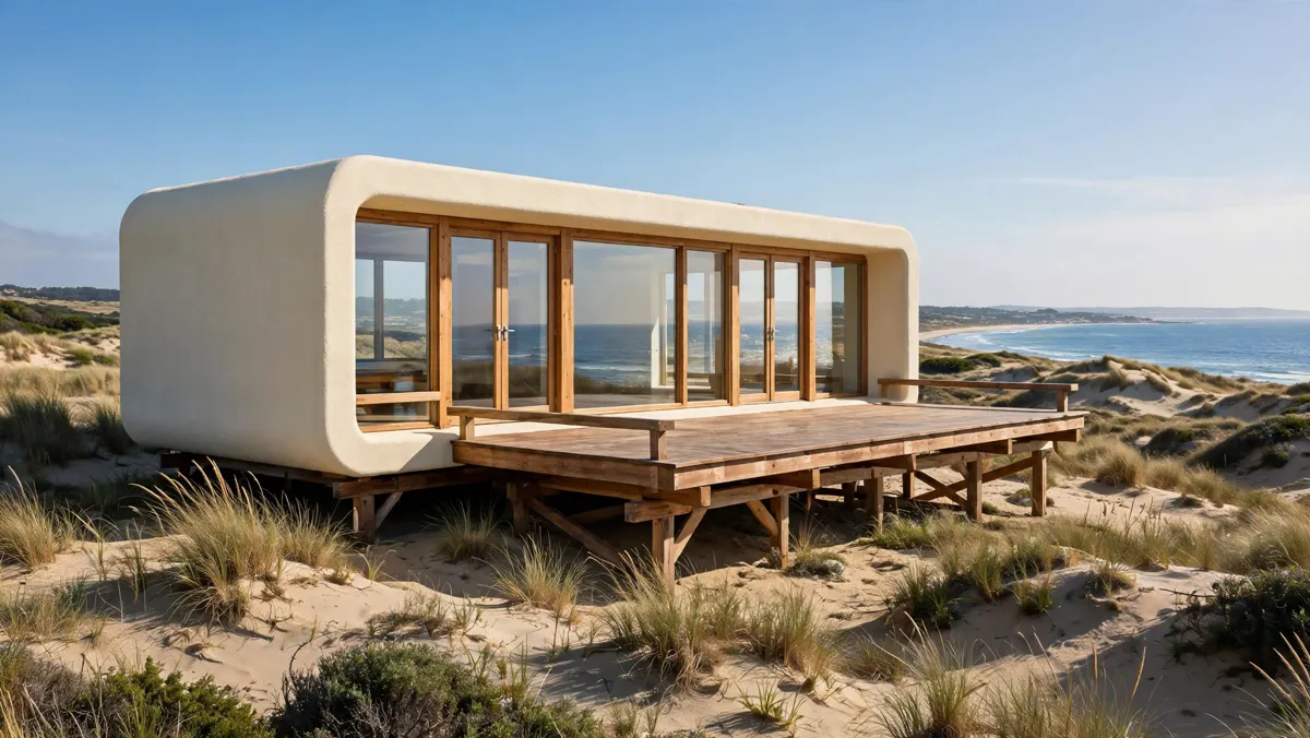 Container home in warm white lime stucco with softly rounded corners on coastal dunes with a timber deck