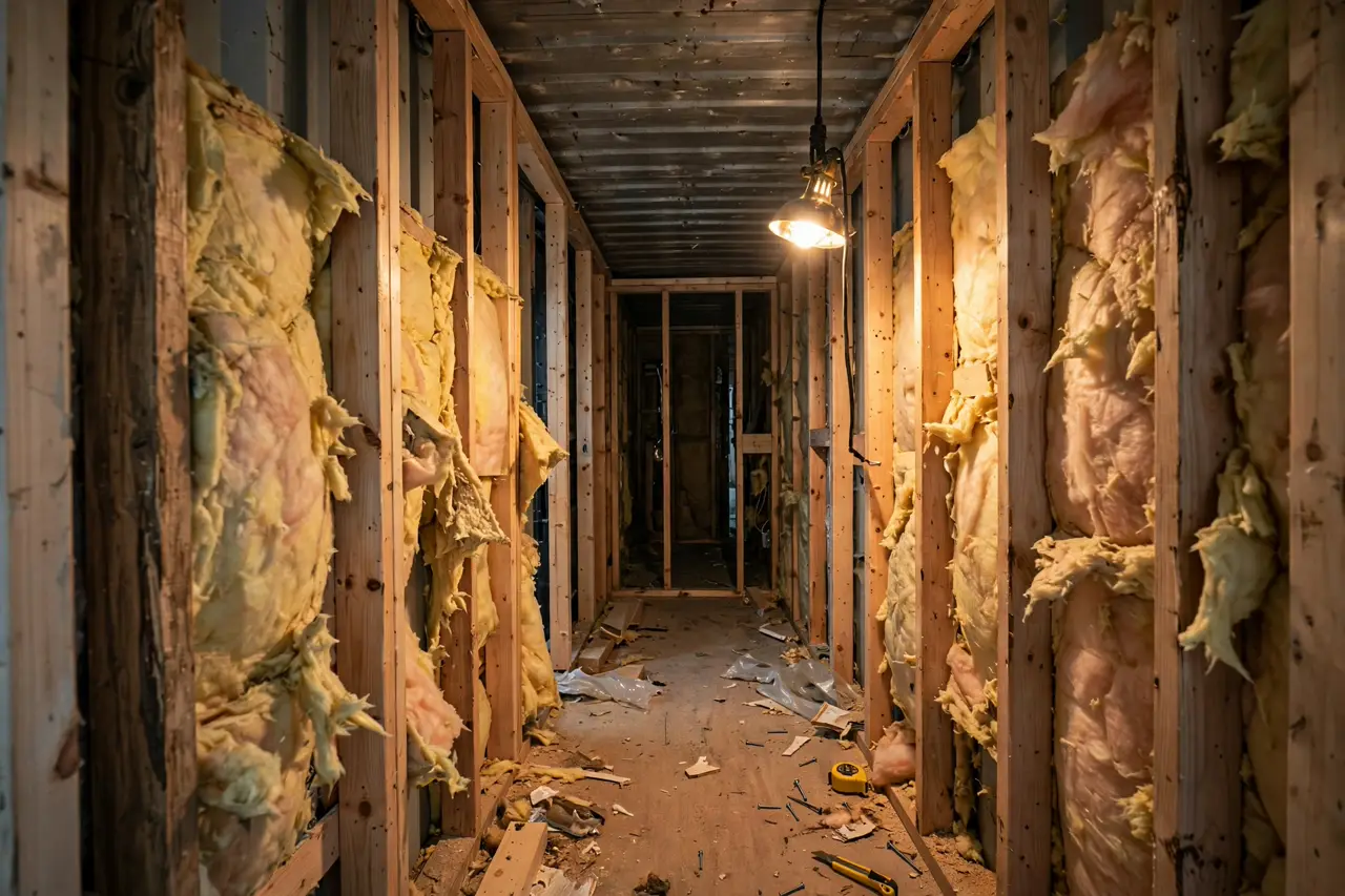 Narrow hallway inside a container home with thick timber stud walls and fiberglass insulation eating into the room width