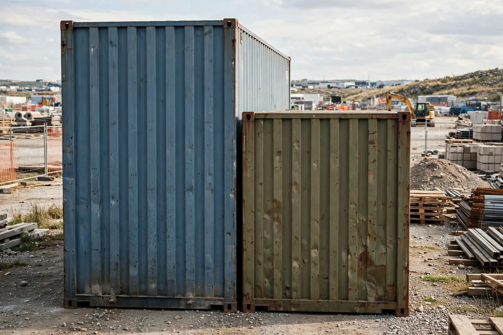 Two mismatched shipping containers with visibly uneven rooflines in a construction yard
