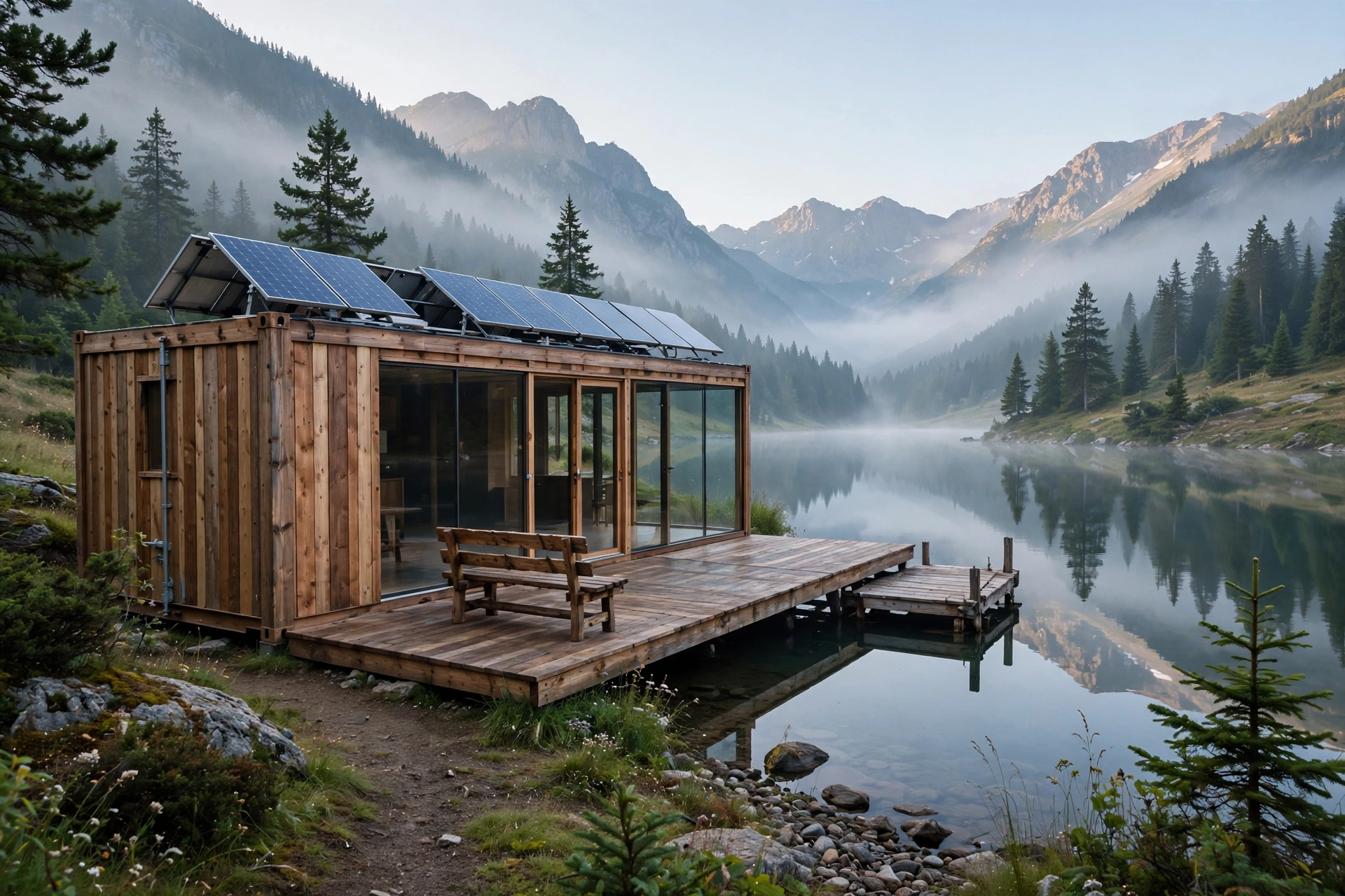 Off-grid cedar-clad container cabin beside a mountain lake with a full glass wall, deck with bench facing the water, and rooftop solar panels