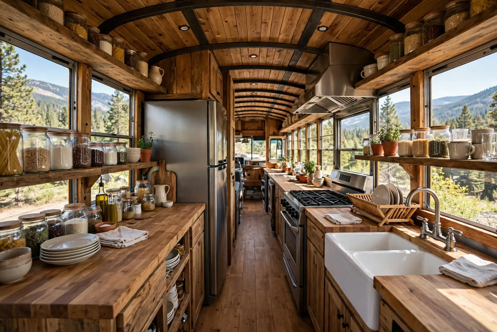Full-size galley kitchen with range and farmhouse sink in a skoolie bus