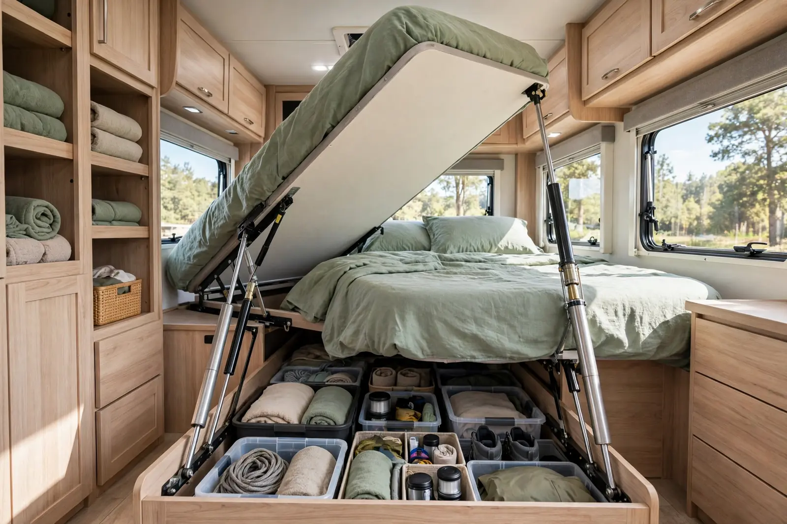 Photorealistic RV bedroom with the queen mattress lifted on hydraulic struts revealing deep storage underneath