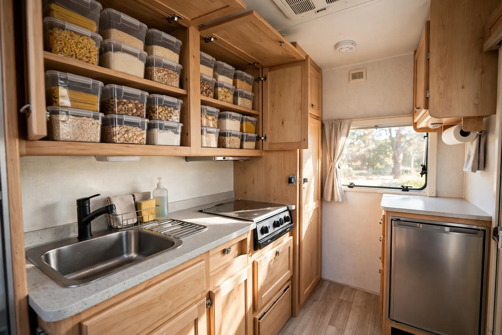 RV galley kitchen with stackable clear pantry bins of dry goods on open shelves