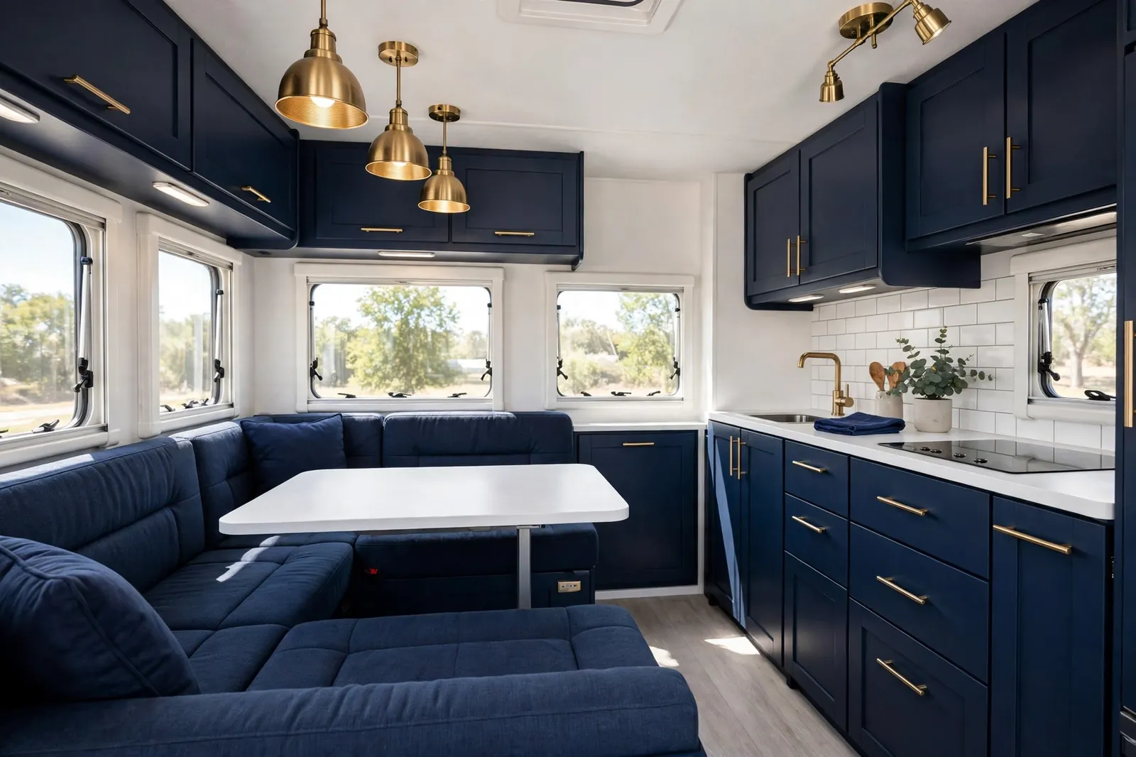 Deep navy motorhome interior with brushed brass details