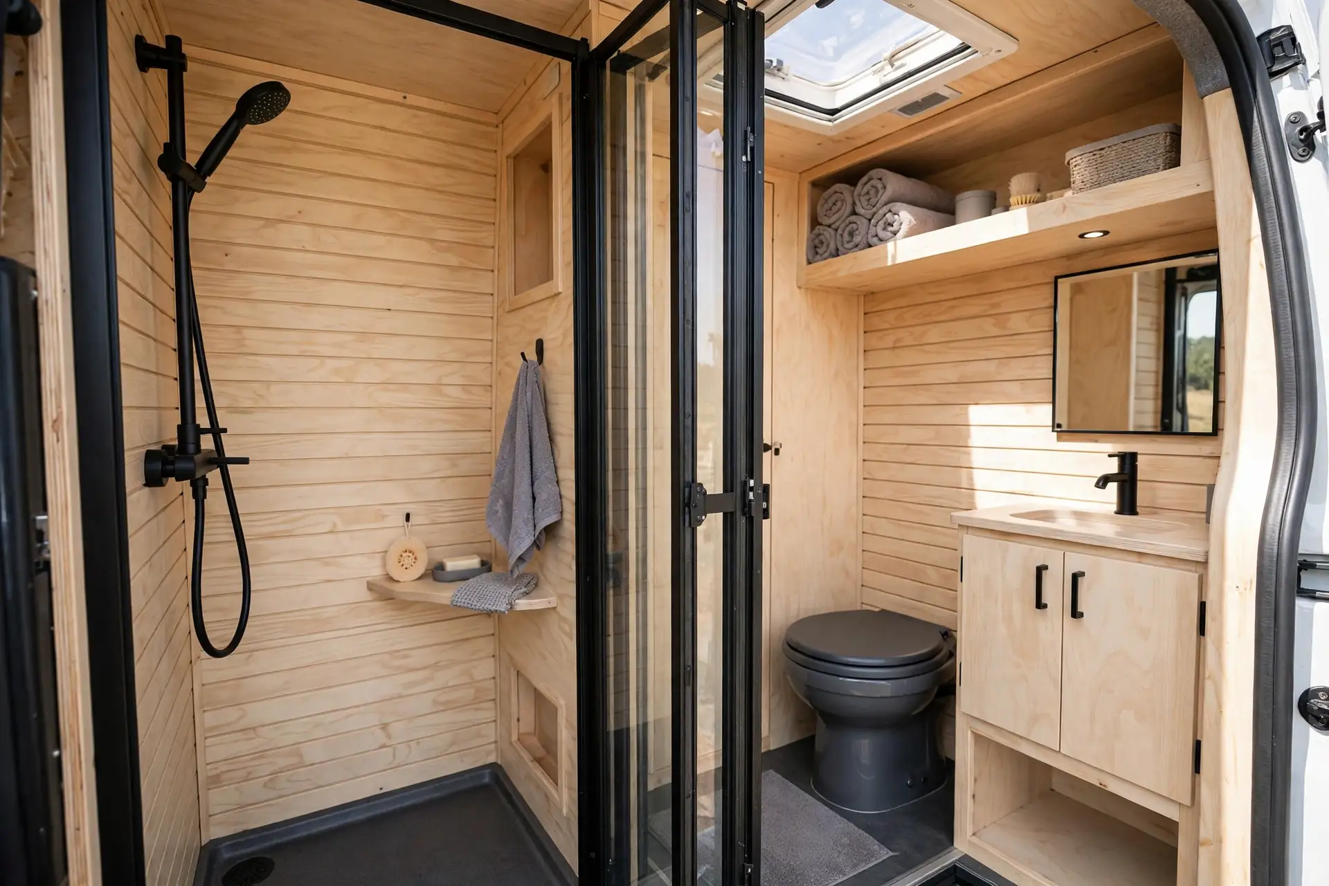 Camper van wet bath split by a folding glass shower screen with shower, toilet and sink