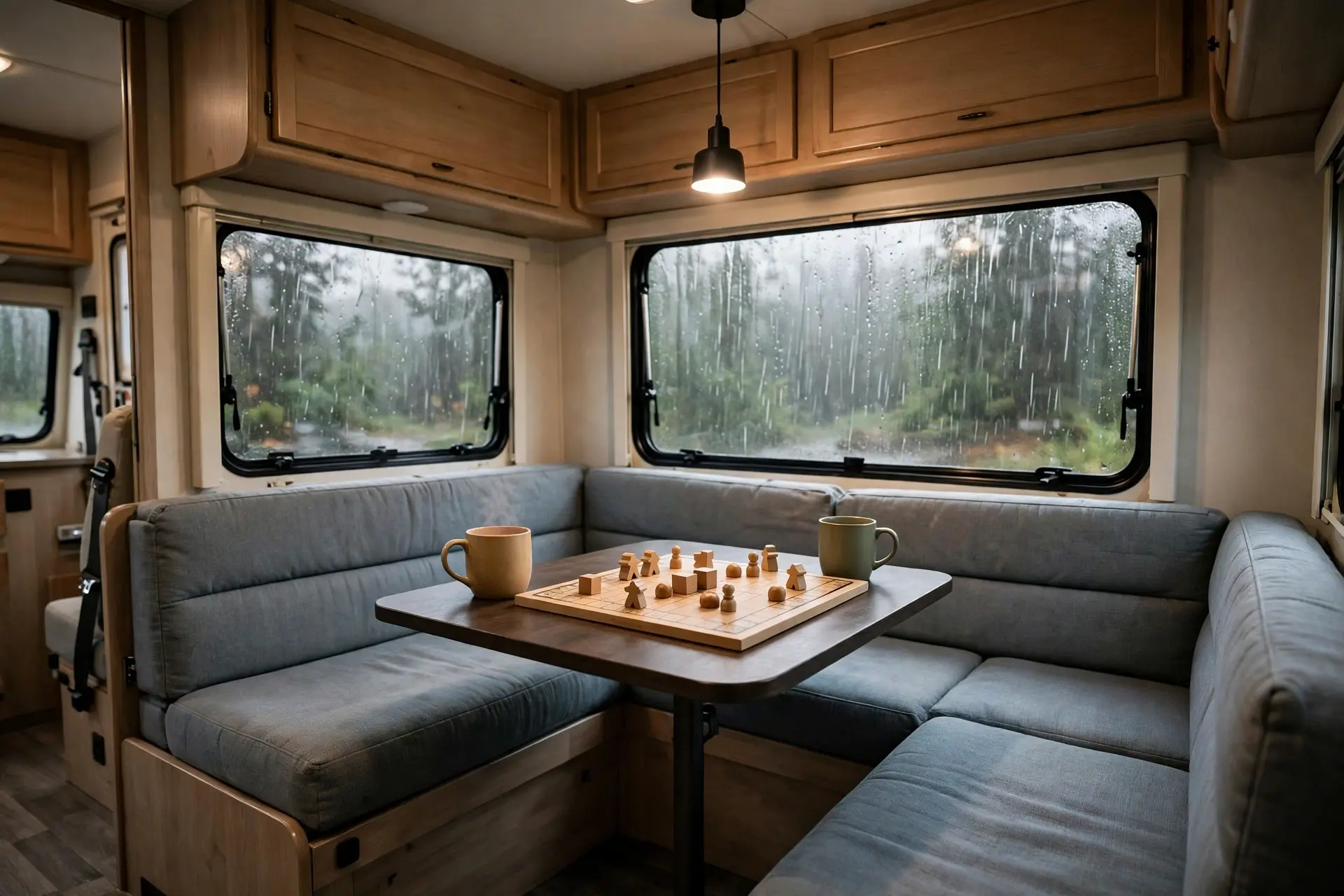 RV booth dinette set up as a rainy day game corner with wooden game pieces, mugs and a pendant light