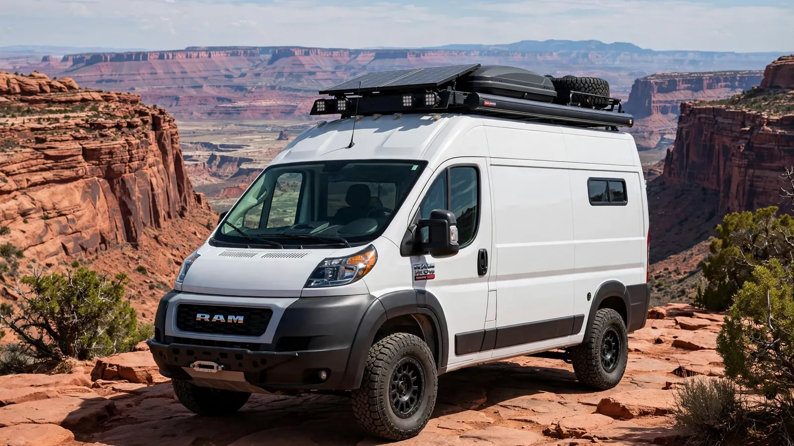 High-clearance camper van with skid plates and roof rack on a red-rock canyon overlook