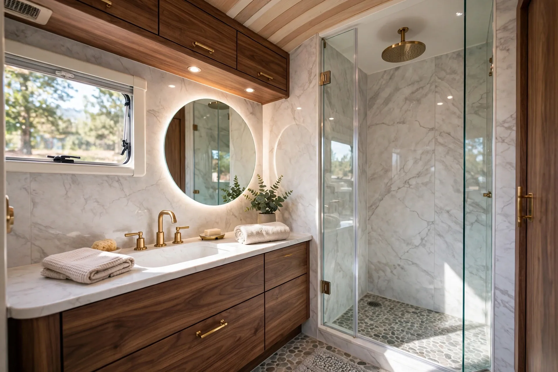 Luxury motorhome spa bathroom with marble look wet room and rainfall shower