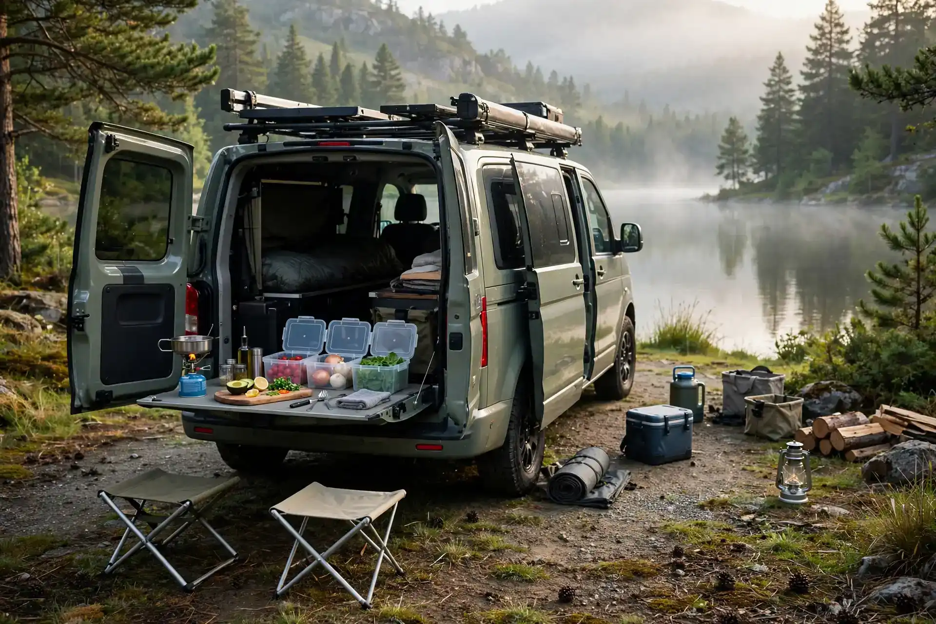 Camper van rear tailgate table kitchen at a lakeside campsite