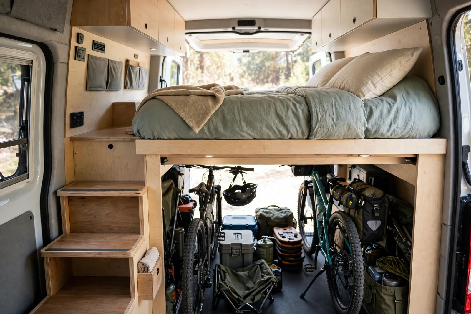 High fixed double bed at the rear of a camper van with sage-green bedding, wooden steps on the left, and a large open garage underneath holding two bikes and camping gear