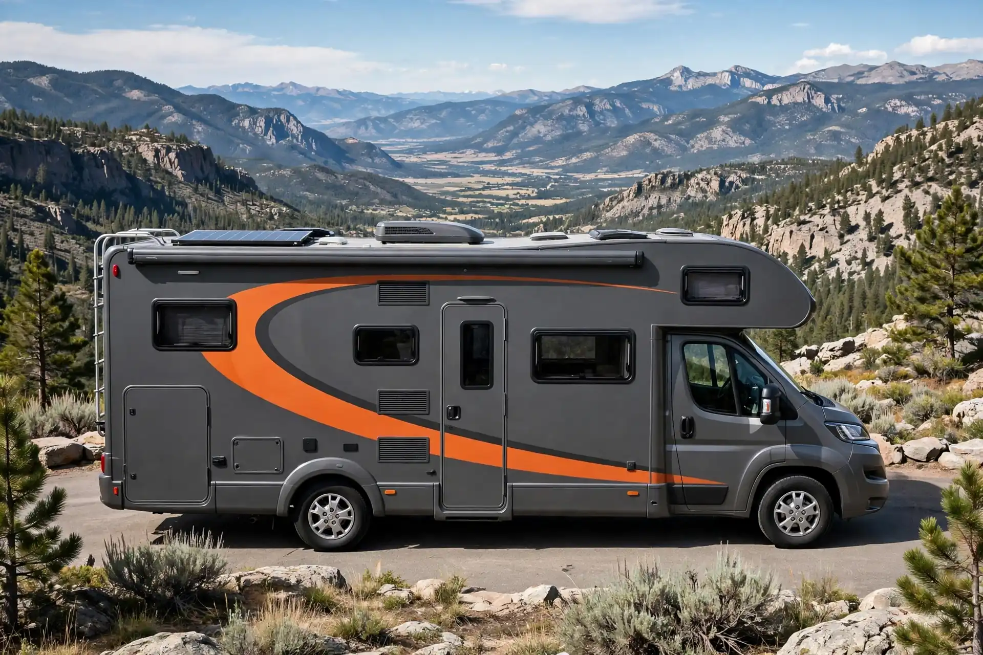 Matte charcoal motorhome with sunset orange stripe, full side view