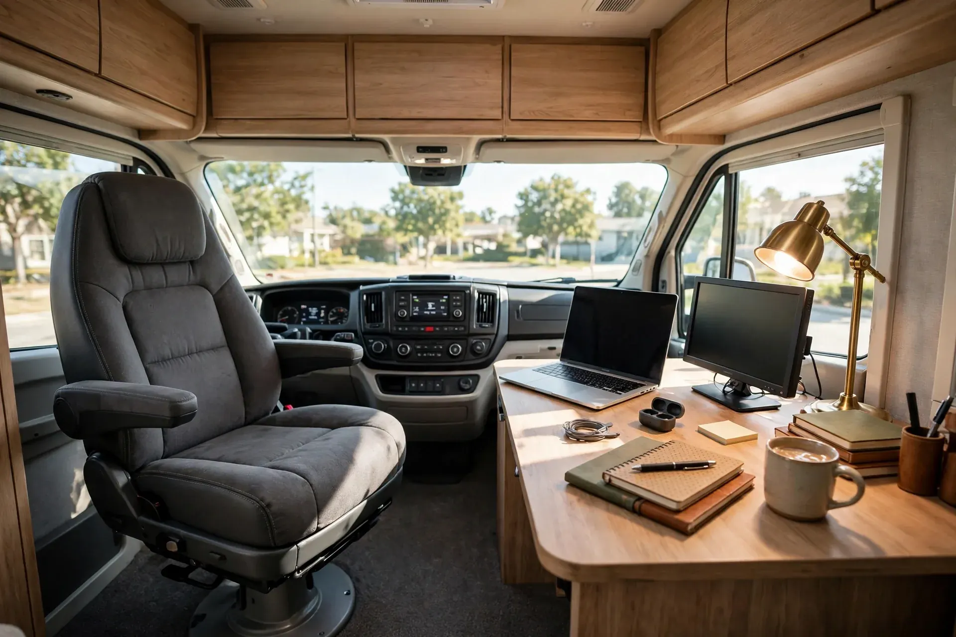 A swivel captain chair beside a wooden desk with a laptop, second monitor, brass lamp, notebooks and a coffee mug at the front of an RV motorhome with the dashboard and windshield behind