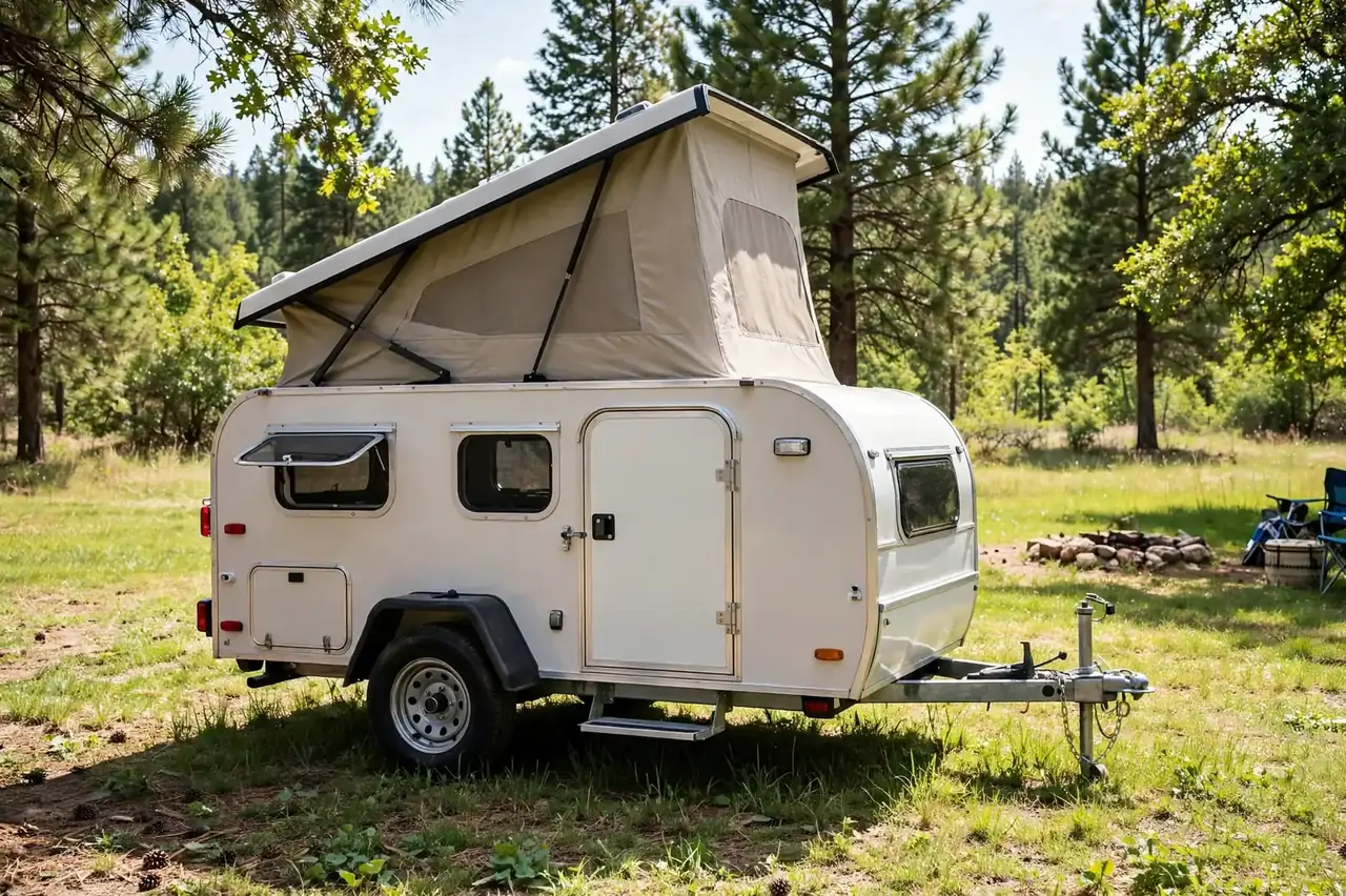 White pop-top tiny camper trailer with its roof raised, parked at a sunny wooded campsite