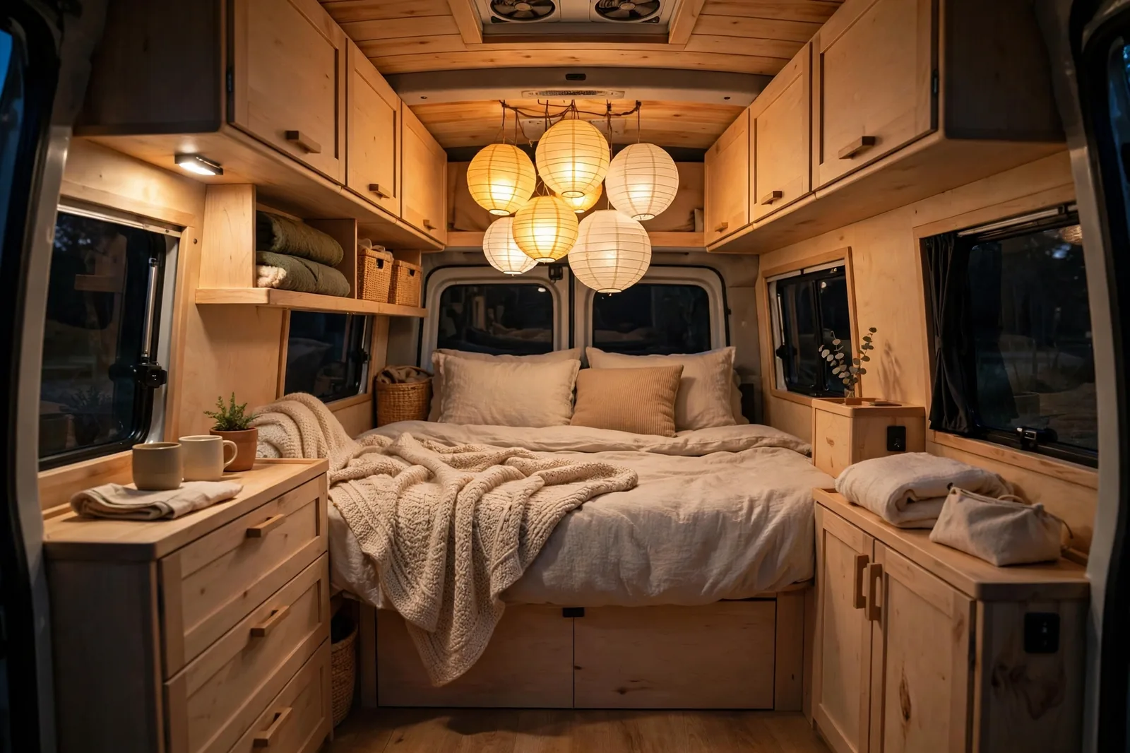 Cozy camper van bedroom at night with a cluster of warm glowing paper lanterns hanging over a neatly made bed
