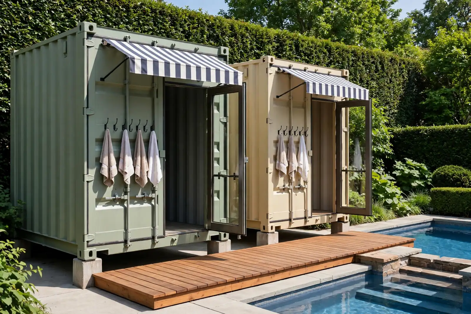 Twin 20ft containers in sage green and sand beige as changing rooms by a pool