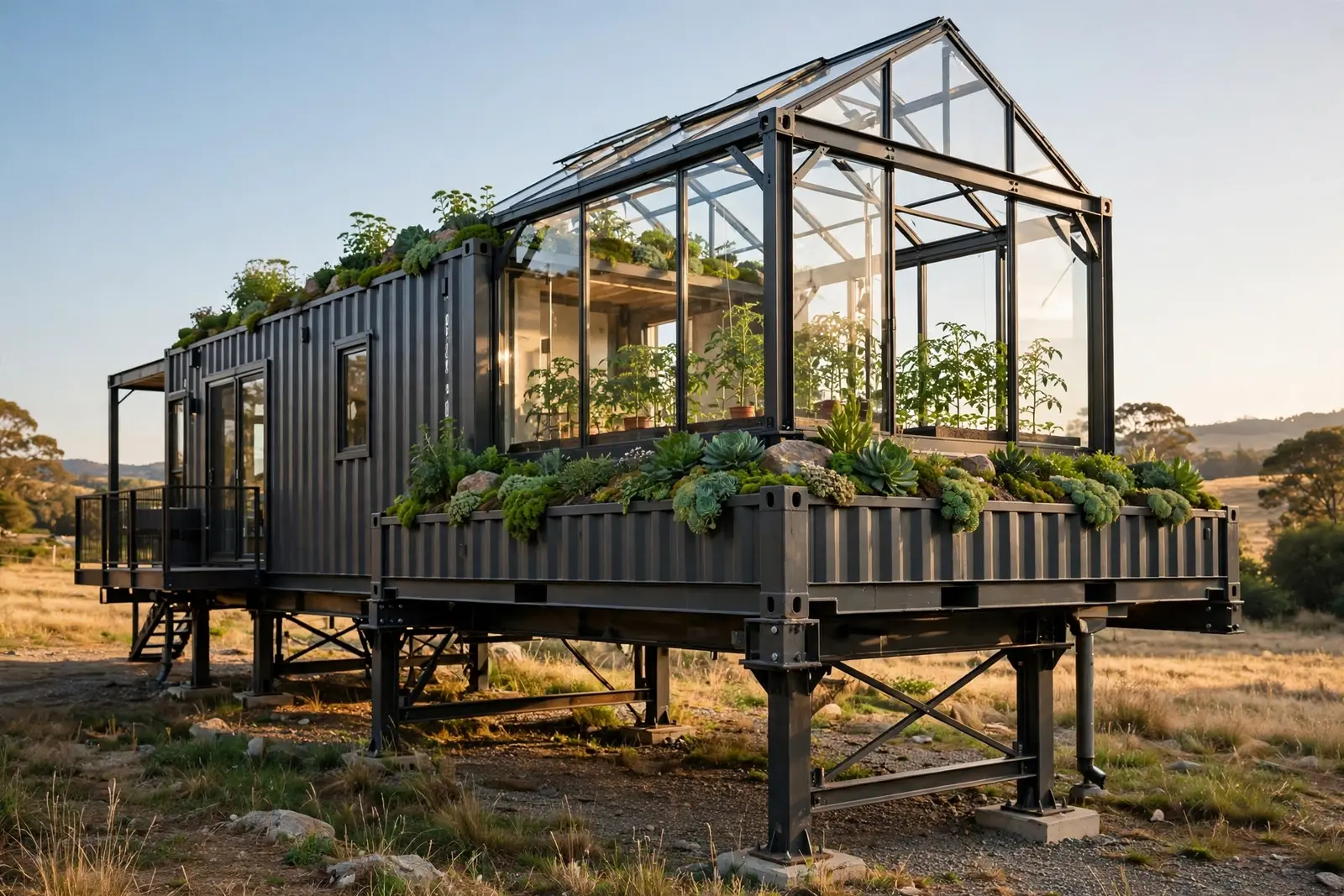 Shipping container home on steel piers with a glass rooftop greenhouse full of plants and sedum planting at its base