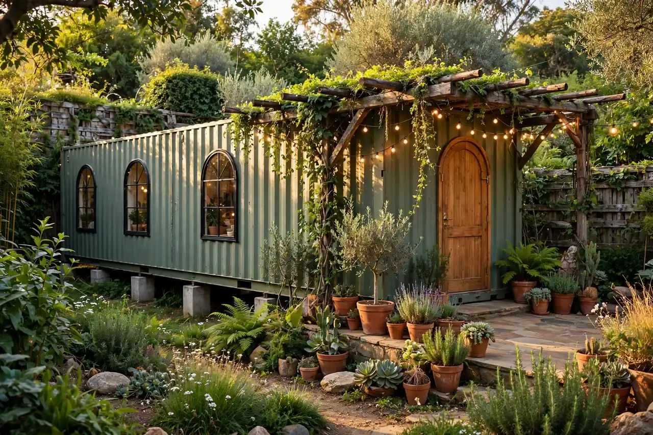 Sage green boho shipping container retreat with arched windows and vine-covered pergola