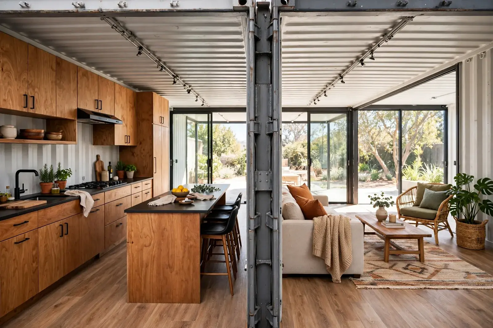 Interior of a double-wide container home made of two joined 20-foot containers, showing the open kitchen and living area.