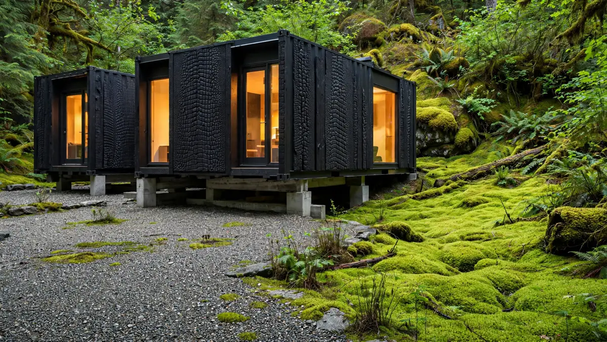 Container home clad in charred black shou sugi ban cedar at a mossy forest edge with warm glowing windows