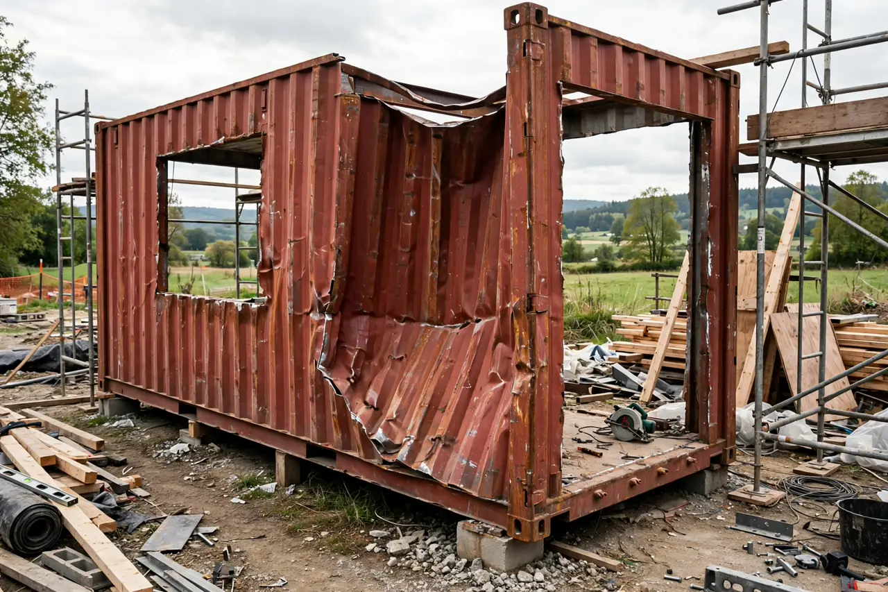 Rust-red shipping container with oversized wall openings cut out, one wall section sagging from removed steel, construction scaffolding