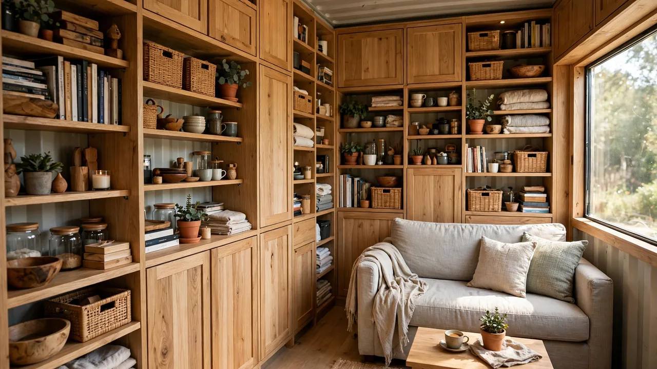 Compact container home living room with floor-to-ceiling light oak built-in cabinetry