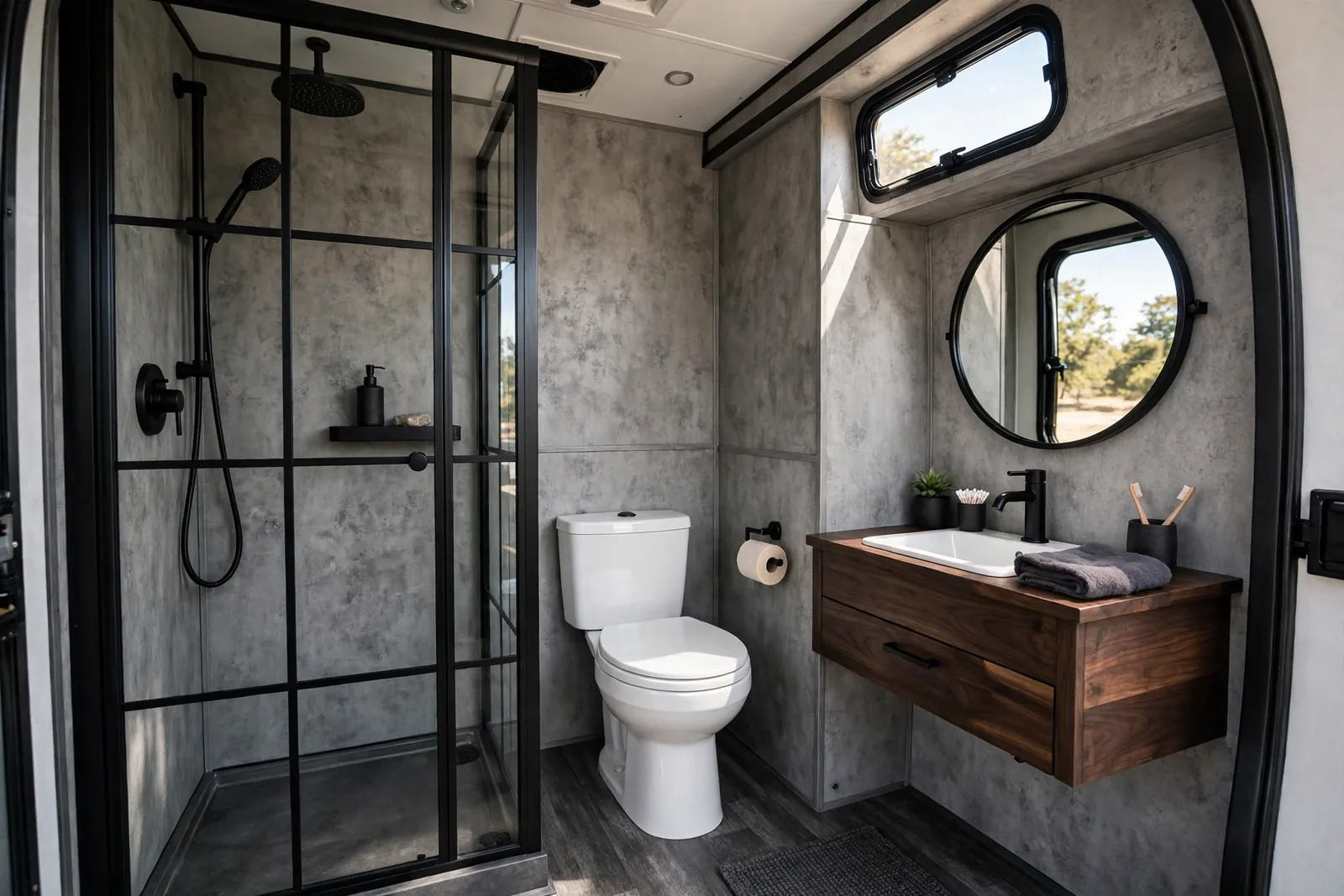 Industrial RV bathroom with matte black fixtures, concrete-look walls, dark wood vanity